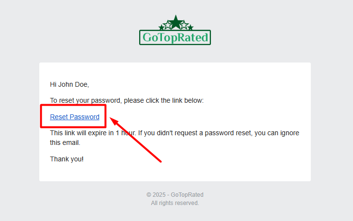 Reset Password Link in Email